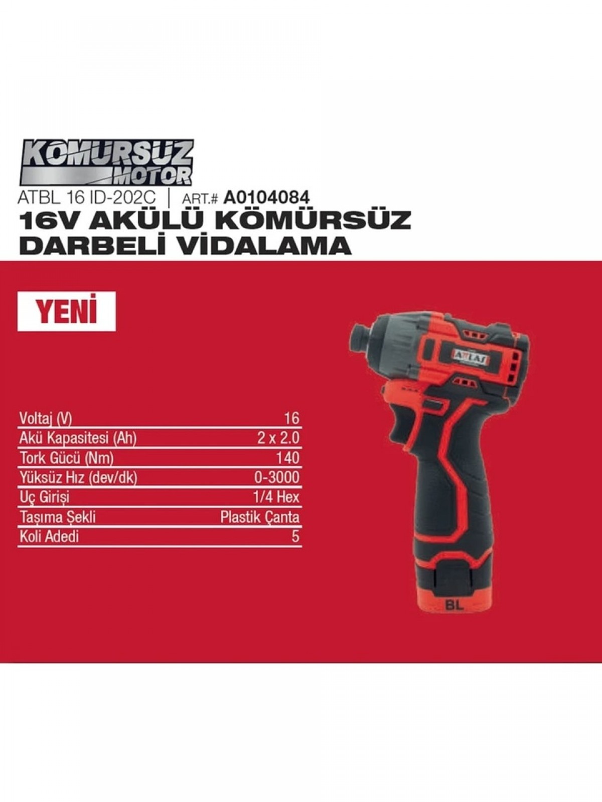 ATLAS ATBL 16İd 202c 16V Akülü Darbeli Kömürsüz Vidalama ATLAS ATBL 16İd 202c 16V Akülü Darbeli Kömürsüz Vidalama