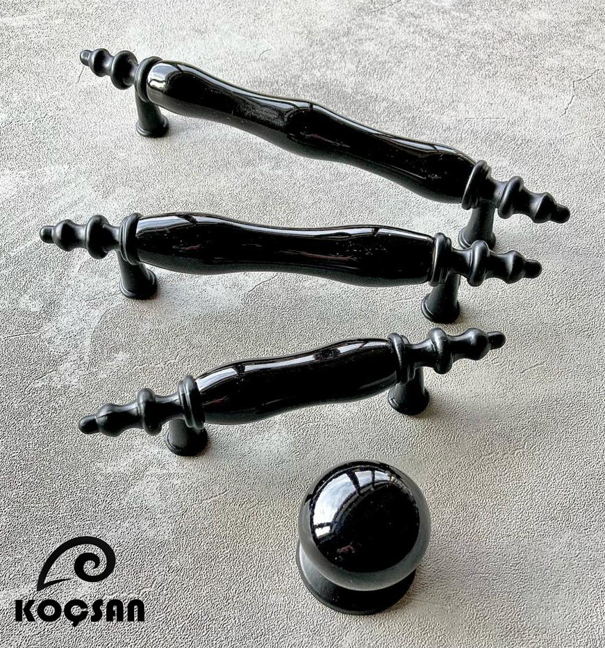 Asos 64 mm Siyah Porselen Kulp Lüks Country Mutfak Mobilya Dolap Çekmece Kulpu