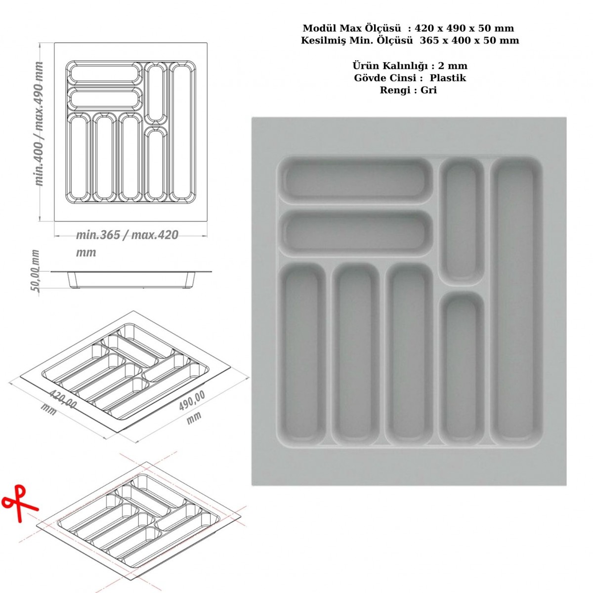 Çekmece İçi Kaşıklık, Düzenleyici, Organizatör 42 CM X 49 CM-Gri Çekmece İçi Kaşıklık, Düzenleyici, Organizatör 42 CM X 49 CM-Gri