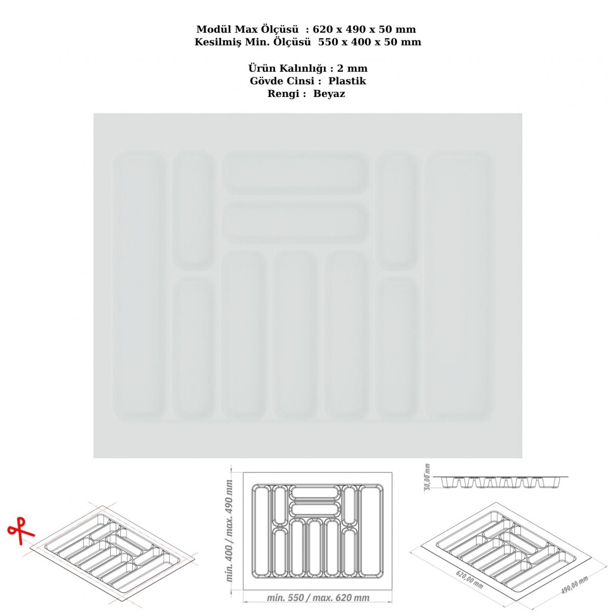 Çekmece İçi Kaşıklık, Düzenleyici, Organizatör 62 CM X 49 CM-Beyaz