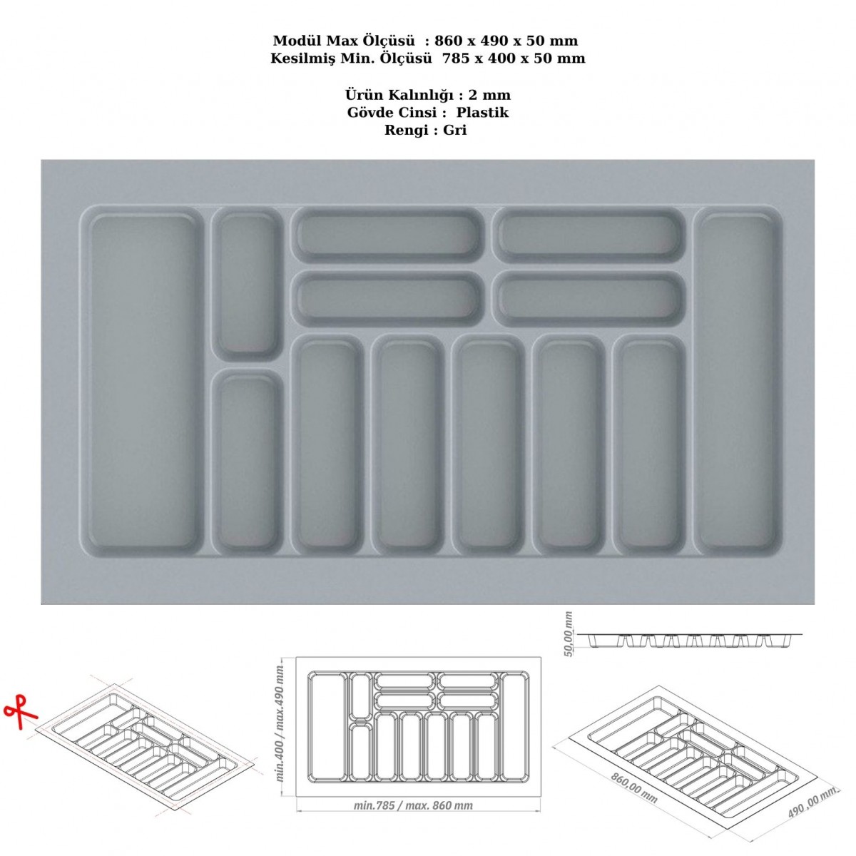 Çekmece İçi Kaşıklık, Düzenleyici, Organizatör 86 CM X 49 CM-Gri Çekmece İçi Kaşıklık, Düzenleyici, Organizatör 86 CM X 49 CM-Gri