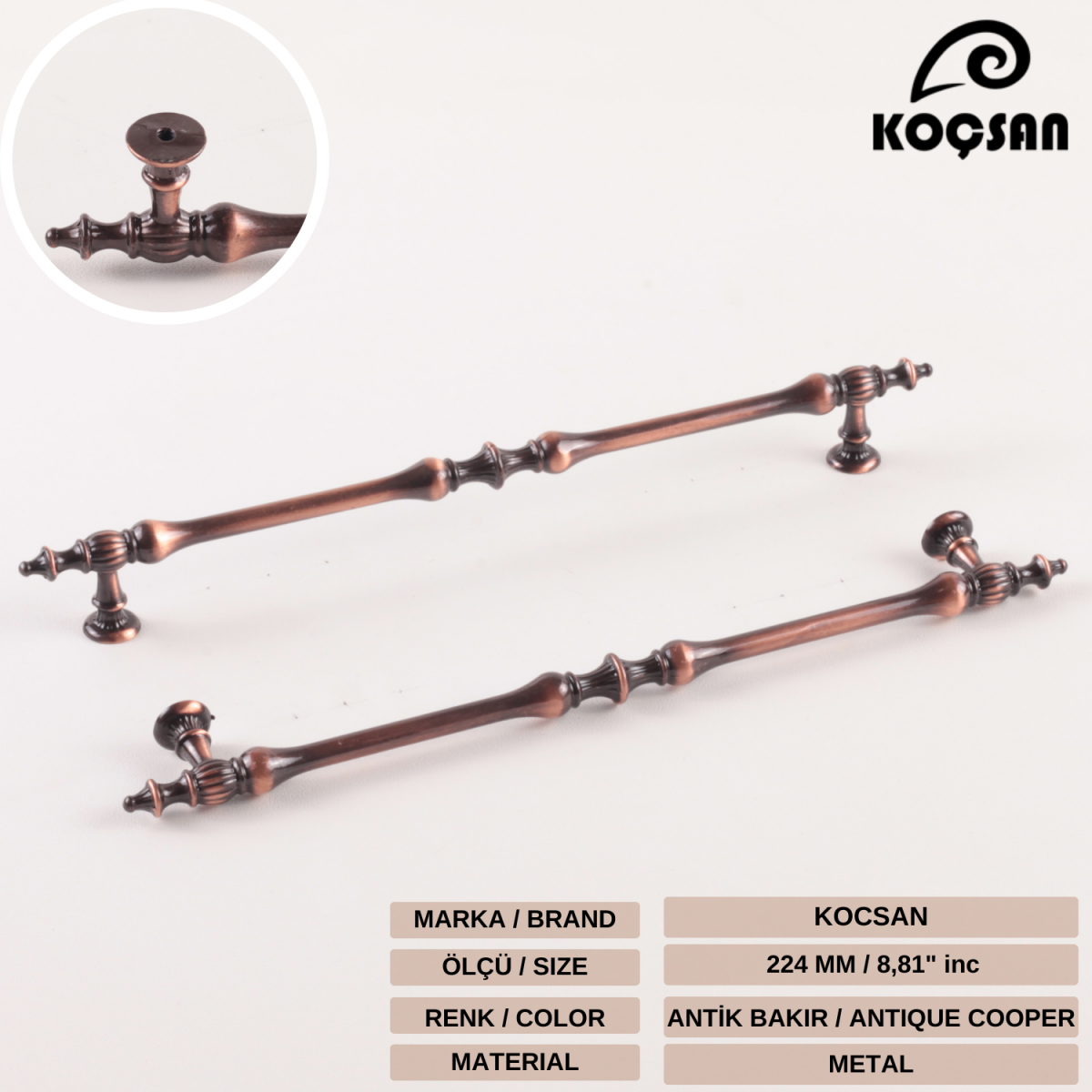Hilal 224 mm Antik Bakır Kulp Lüks Country Mutfak Mobilya Dolap Çekmece Kulpu