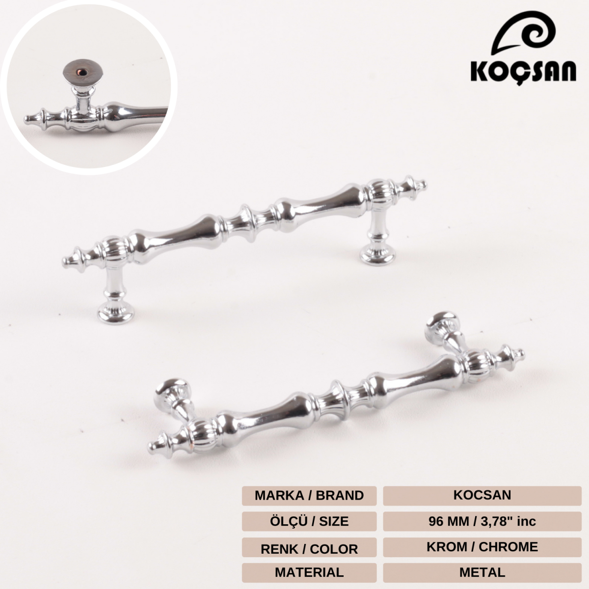 Hilal 96 mm Krom Kulp Lüks Country Mutfak Mobilya Dolap Çekmece Kulpu