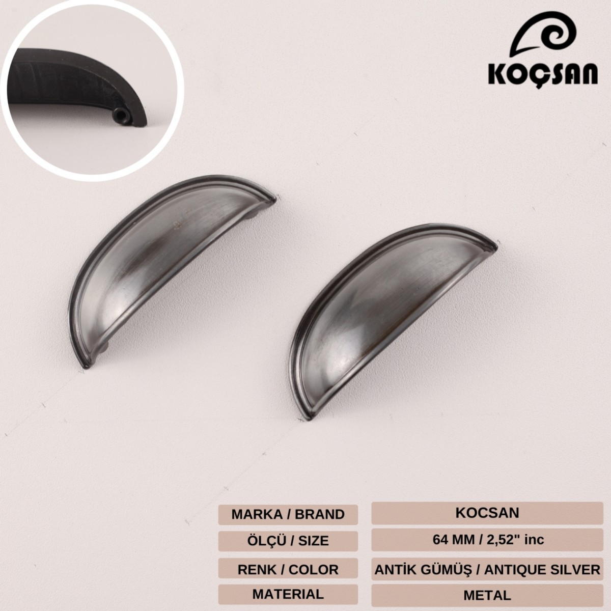 Midye 64 mm Antik Gümüş Kulp Lüks Country Mutfak Mobilya Dolap Çekmece Kulpu