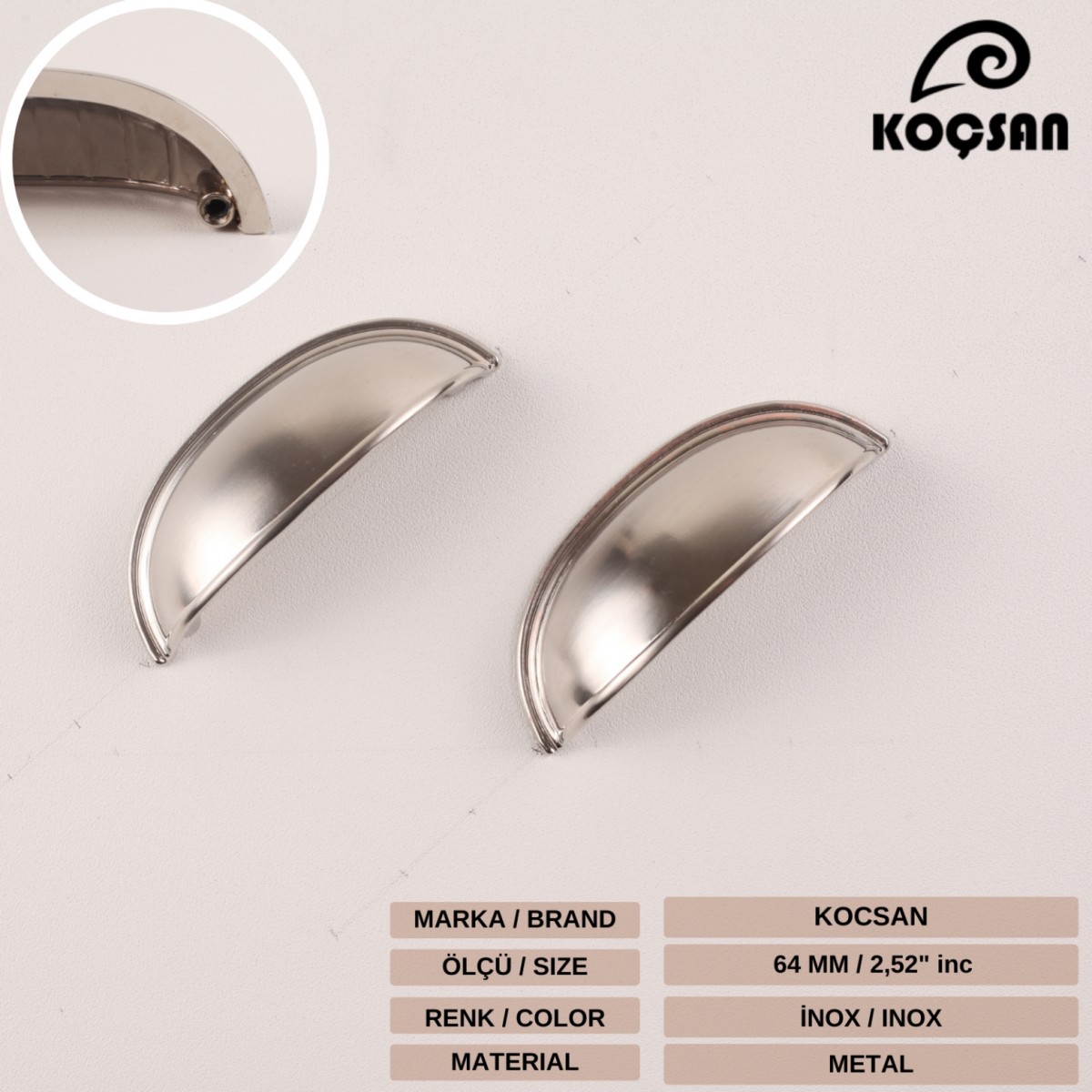 Midye 64 mm Inox Kulp Lüks Country Mutfak Mobilya Dolap Çekmece Kulpu