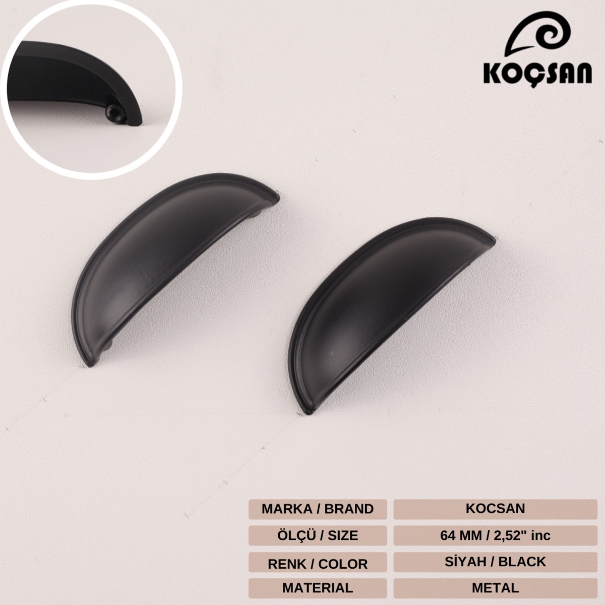 Midye 64 mm Siyah Kulp Lüks Country Mutfak Mobilya Dolap Çekmece Kulpu