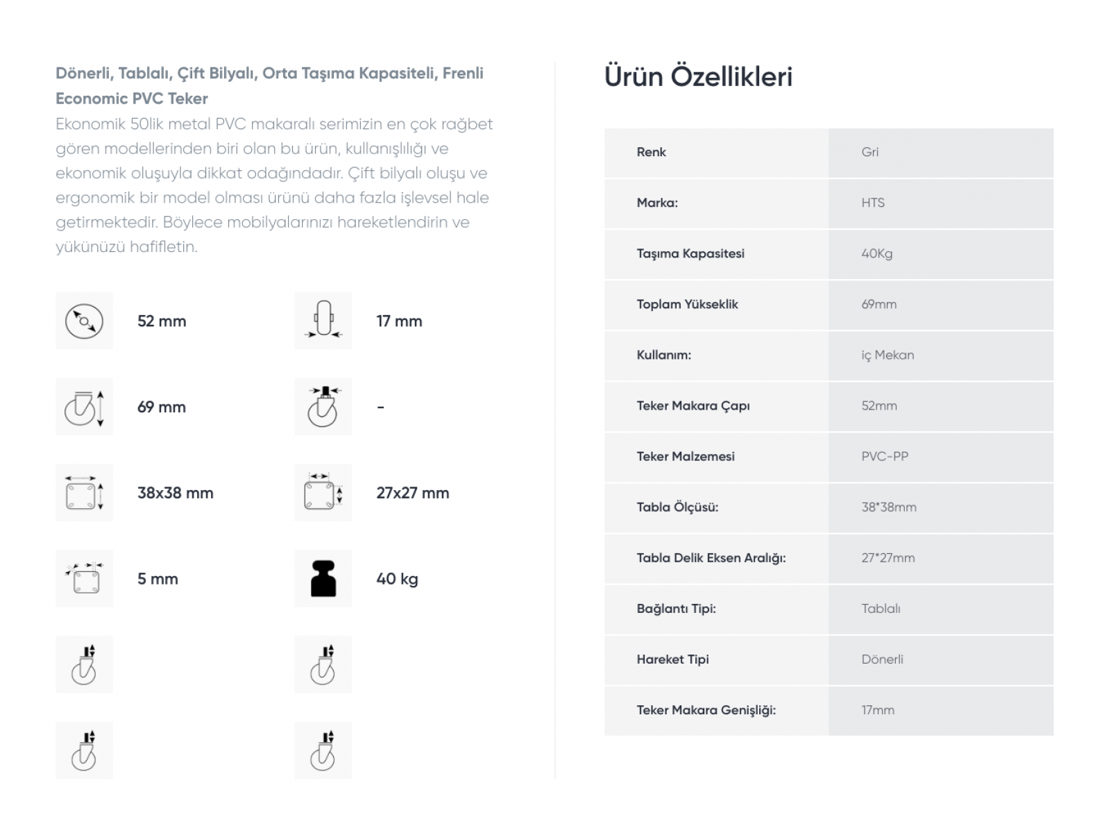 Mobilya Tekeri Frenli Tablalı Sarhoş Gri Teker 50 mm Mobilya Tekeri Frenli Tablalı Sarhoş Gri Teker 50 mm