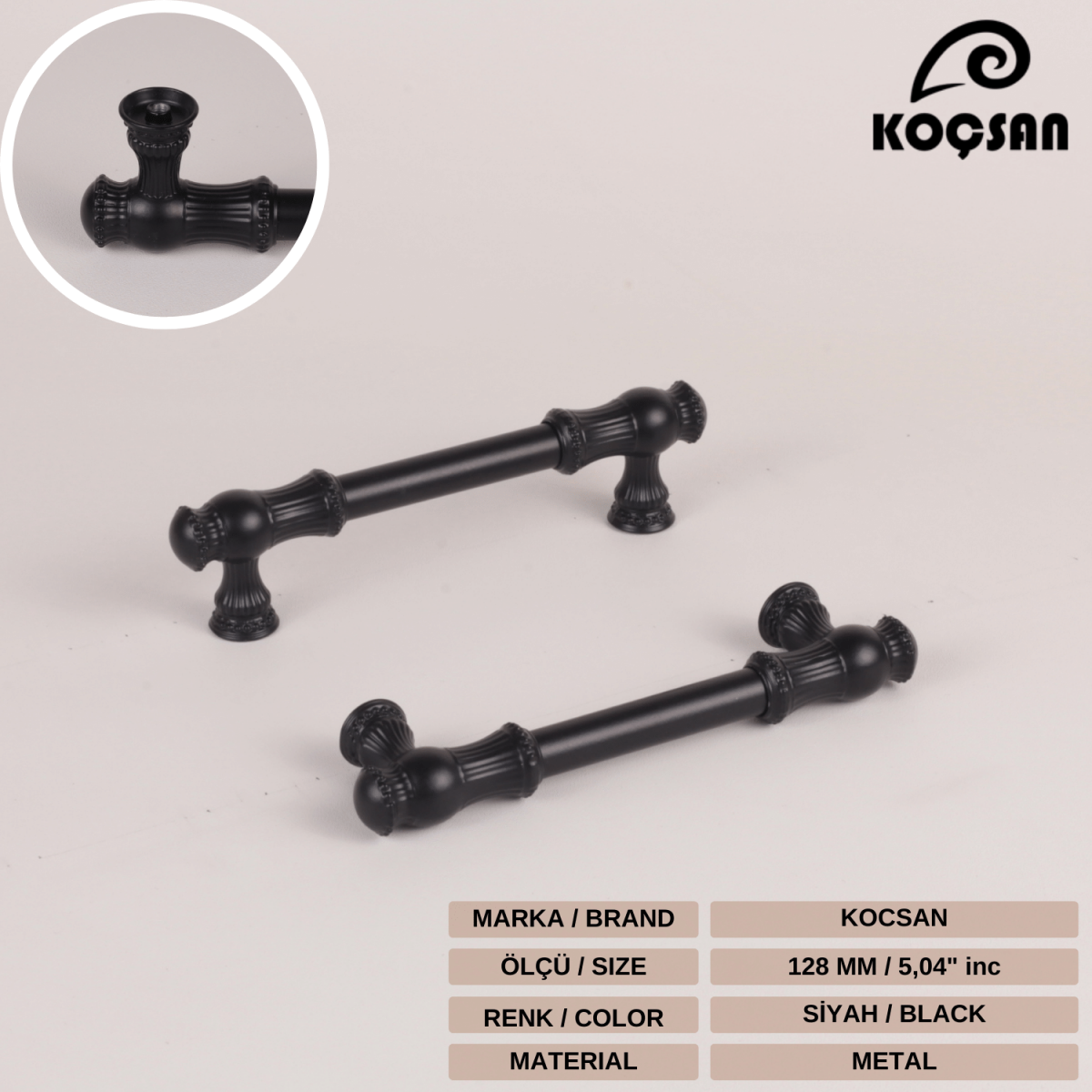 Sehzade 128 mm Siyah Kulp Lüks Country Mutfak Mobilya Dolap Çekmece Kulpu