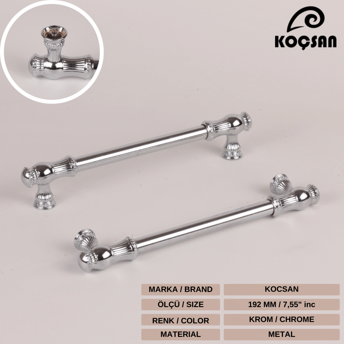 Sehzade 192 mm Krom Kulp Lüks Country Mutfak Mobilya Dolap Çekmece Kulpu