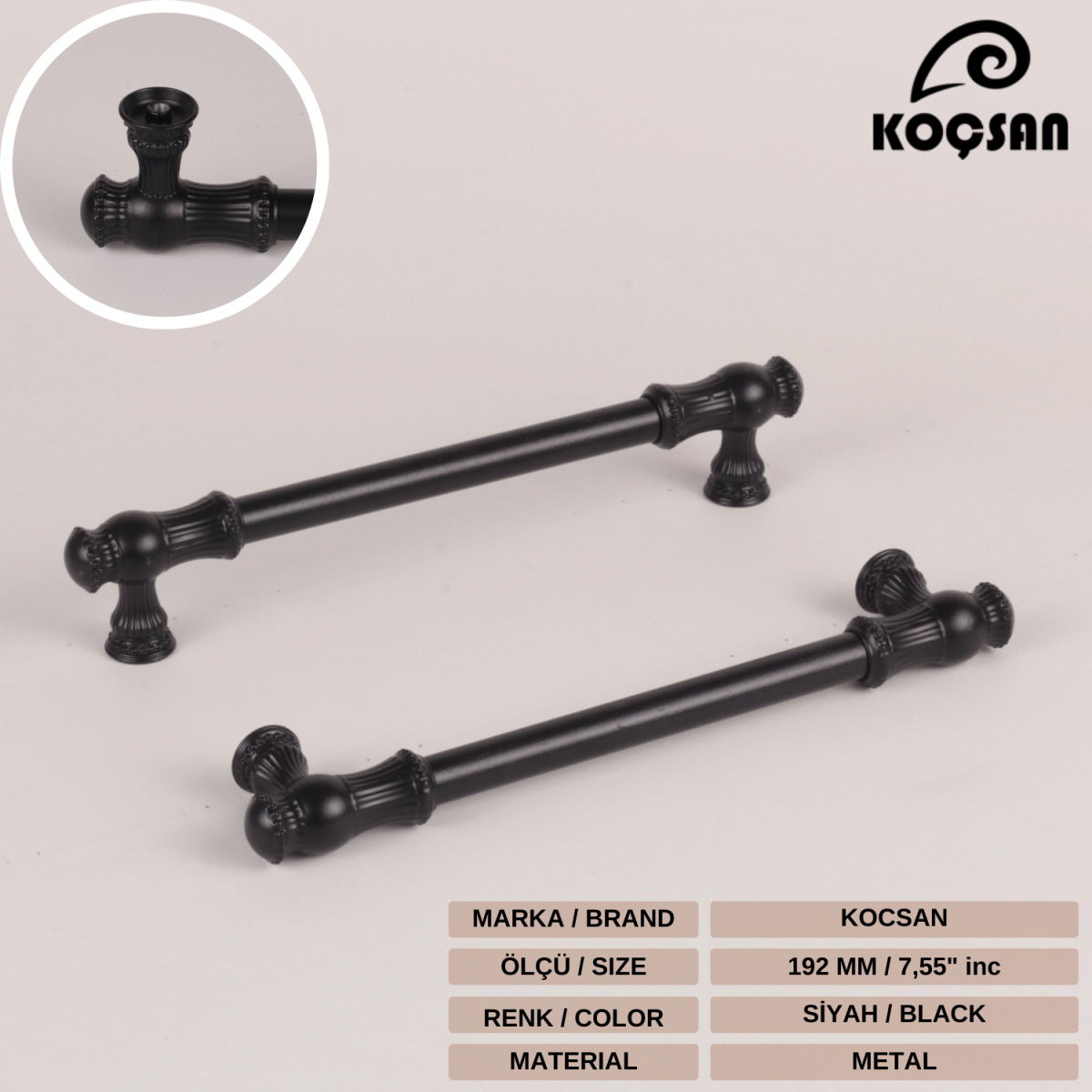 Sehzade 192 mm Siyah Kulp Lüks Country Mutfak Mobilya Dolap Çekmece Kulpu