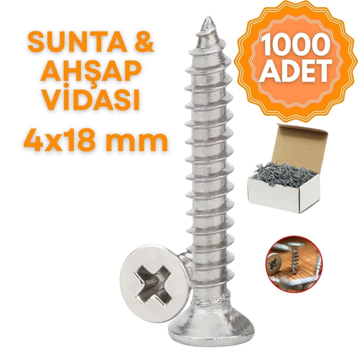 Sunta & Ahşap Vidası 4 mm x 18 mm (1 Kutu = 1000 Adet) Sunta & Ahşap Vidası 4 mm x 18 mm (1 Kutu = 1000 Adet)