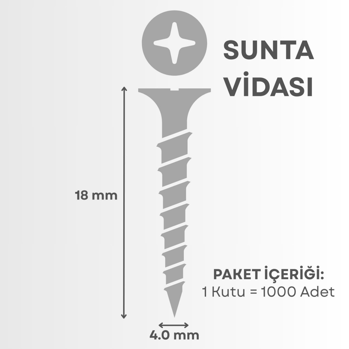 Sunta & Ahşap Vidası 4 mm x 18 mm (1 Kutu = 1000 Adet) Sunta & Ahşap Vidası 4 mm x 18 mm (1 Kutu = 1000 Adet)