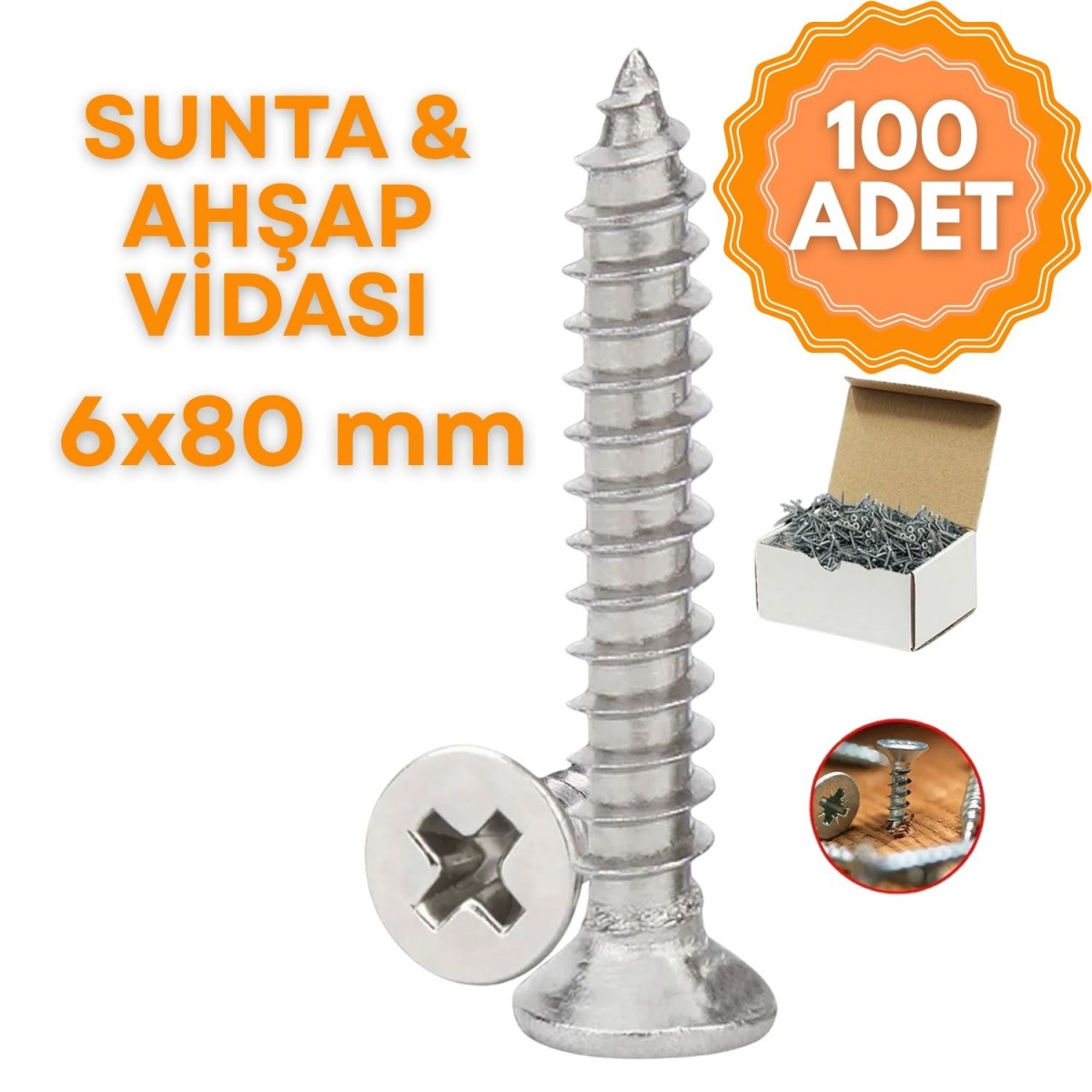 Sunta & Ahşap Vidası 6 mm x 80 mm (1 Kutu = 100 Adet) Sunta & Ahşap Vidası 6 mm x 80 mm (1 Kutu = 100 Adet)