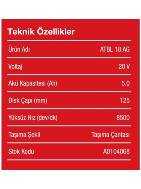 ATLAS Pro Atbl 18 Ag 502C 20 V Akülü Avuç Taşlama 125 mm