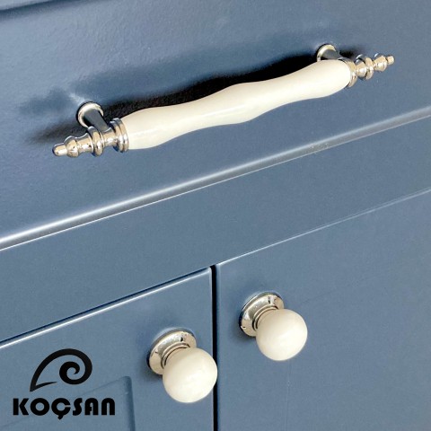 Asos 64 mm Beyaz Porselen Kulp Lüks Country Mutfak Mobilya Dolap Çekmece Kulpu