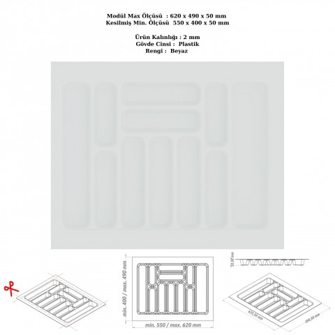 Çekmece İçi Kaşıklık, Düzenleyici, Organizatör 62 CM X 49 CM-Beyaz