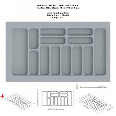 Çekmece İçi Kaşıklık, Düzenleyici, Organizatör 86 CM X 49 CM-Gri