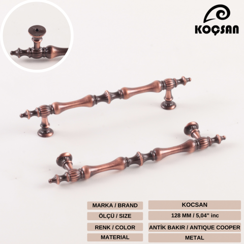 Hilal 128 mm Antik Bakır Kulp Lüks Country Mutfak Mobilya Dolap Çekmece Kulpu