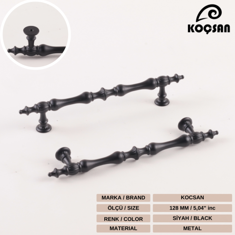 Hilal 128 mm Siyah Kulp Lüks Country Mutfak Mobilya Dolap Çekmece Kulpu