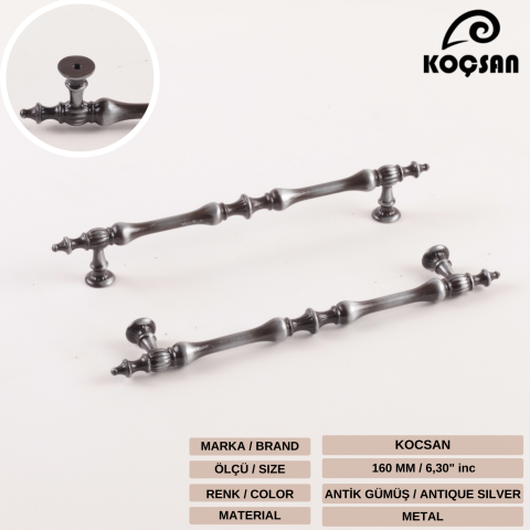 Hilal 160 mm Antik Gümüş Kulp Lüks Country Mutfak Mobilya Dolap Çekmece Kulpu