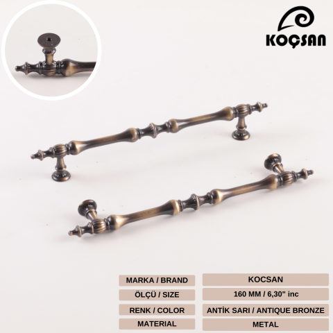 Hilal 160 mm Antik Sarı Kulp Lüks Country Mutfak Mobilya Dolap Çekmece Kulpu