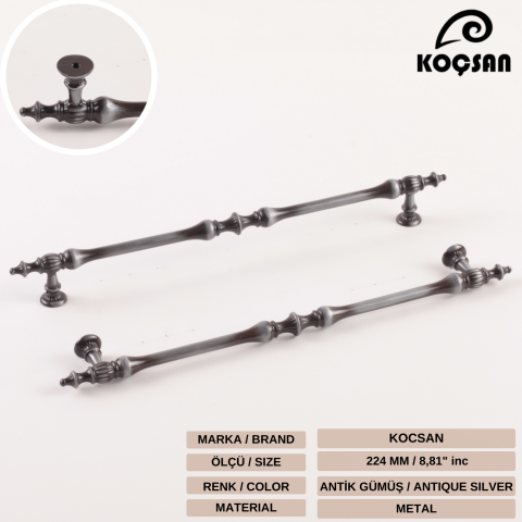 Hilal 224 mm Antik Gümüş Kulp Lüks Country Mutfak Mobilya Dolap Çekmece Kulpu