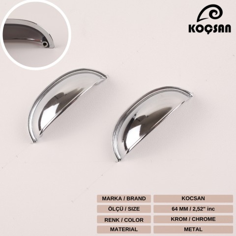 Midye 64 mm Krom Kulp Lüks Country Mutfak Mobilya Dolap Çekmece Kulpu