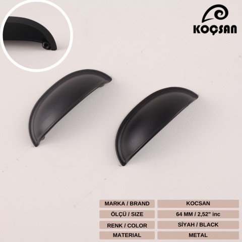 Midye 64 mm Siyah Kulp Lüks Country Mutfak Mobilya Dolap Çekmece Kulpu