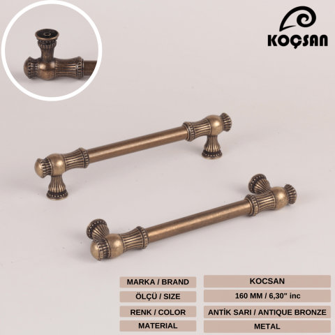 Sehzade 160 mm Antik Sarı Kulp Lüks Country Mutfak Mobilya Dolap Çekmece Kulpu