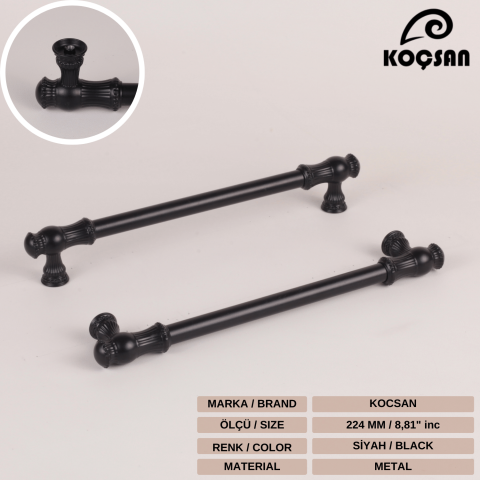 Sehzade 224 mm Siyah Kulp Lüks Country Mutfak Mobilya Dolap Çekmece Kulpu