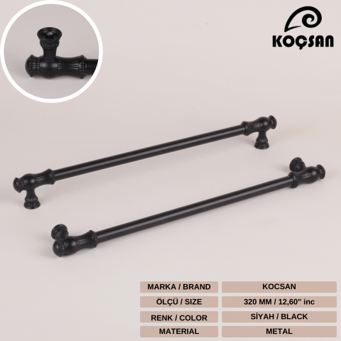 Sehzade 320 mm Siyah Kulp Lüks Country Mutfak Mobilya Dolap Çekmece Kulpu