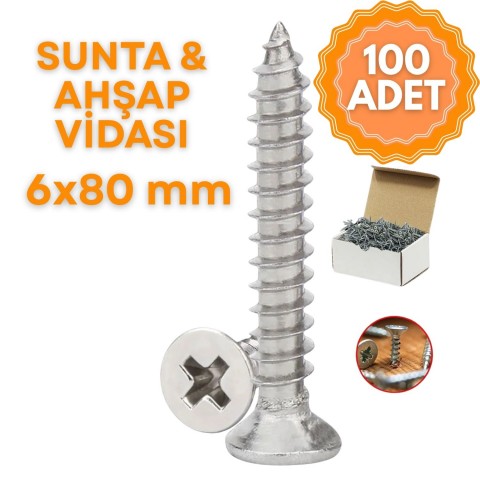 Sunta & Ahşap Vidası 6 mm x 80 mm (1 Kutu = 100 Adet)