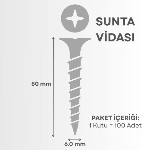 Sunta & Ahşap Vidası 6 mm x 80 mm (1 Kutu = 100 Adet)