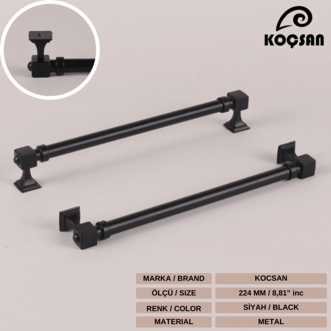 Zumra 224 mm Siyah Kulp Lüks Country Mutfak Mobilya Dolap Çekmece Kulpu